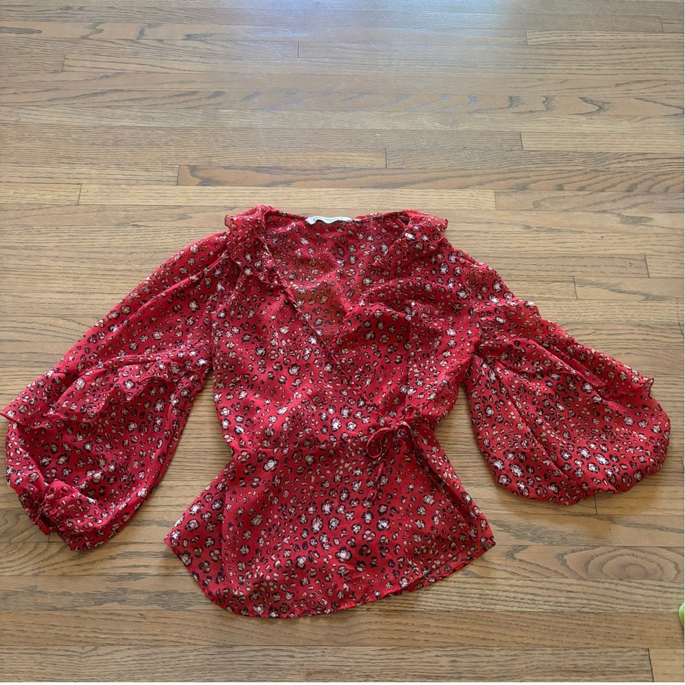 Zara Womens XS Red Leopard Print Wrap Top Balloon Sleeve Ruffle V-Neck Chiffon